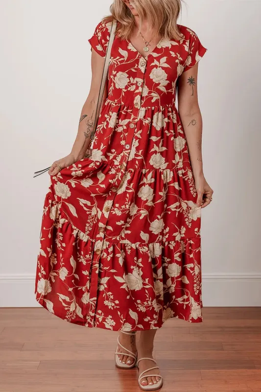 Floral Print Buttoned Front V Neck Tiered Short Sleeve Midi Dress sold by Charming Charlie