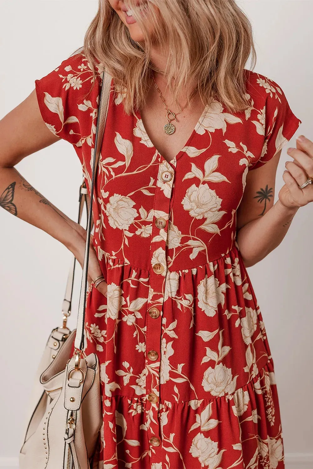 Floral Print Buttoned Front V Neck Tiered Short Sleeve Midi Dress sold by Charming Charlie product image thumbnail 5