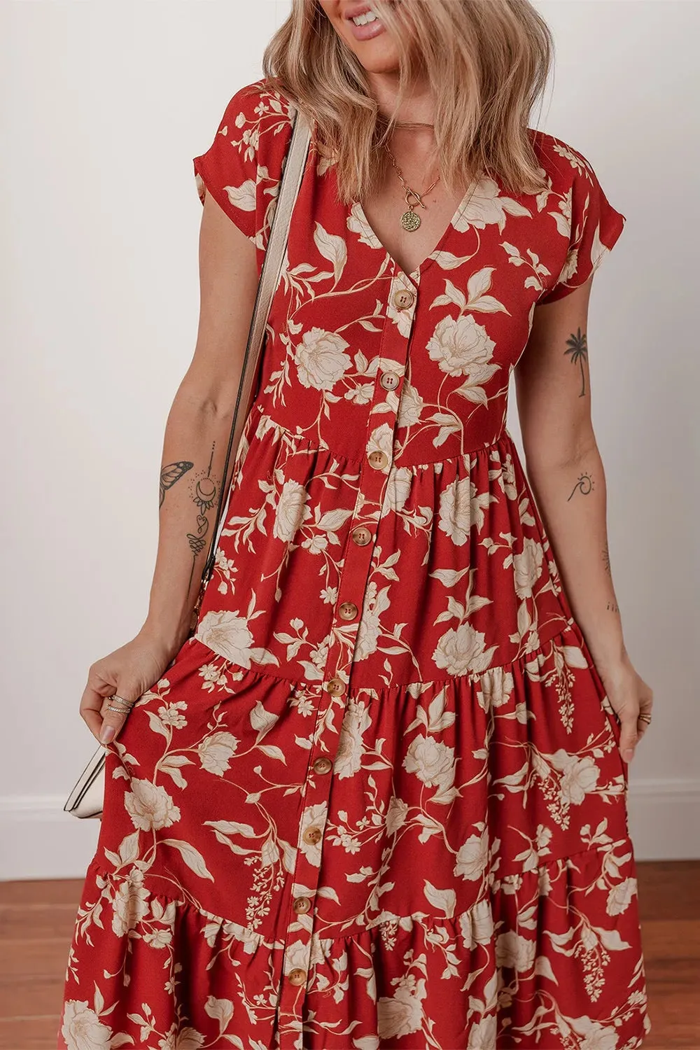 Floral Print Buttoned Front V Neck Tiered Short Sleeve Midi Dress sold by Charming Charlie product image thumbnail 3