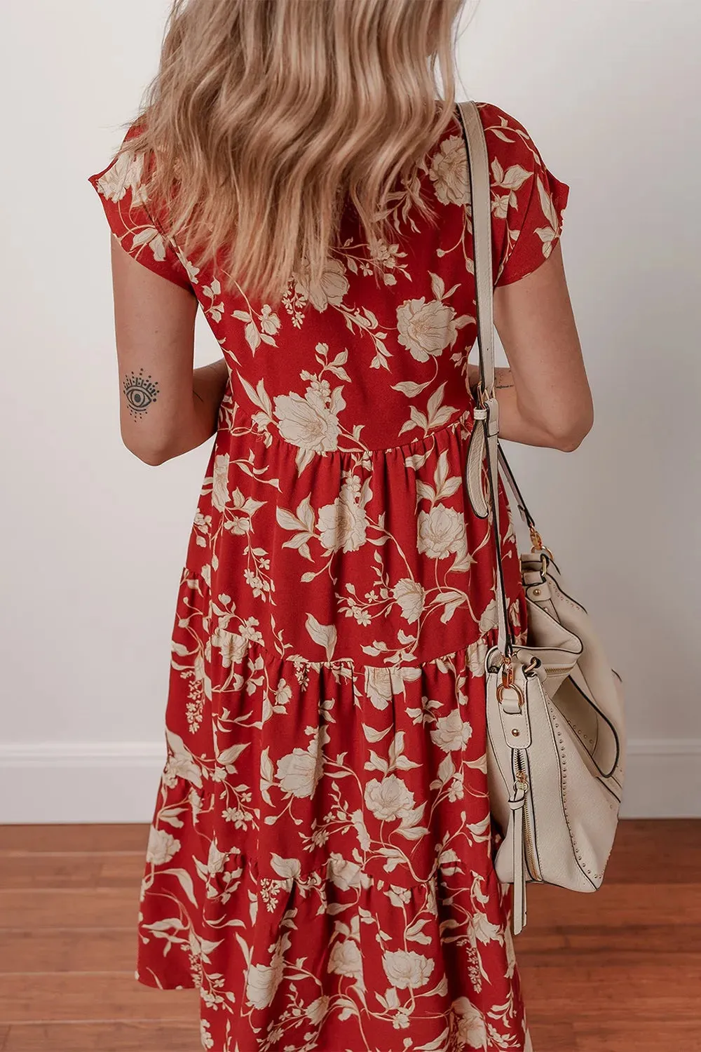 Floral Print Buttoned Front V Neck Tiered Short Sleeve Midi Dress sold by Charming Charlie product image thumbnail 2