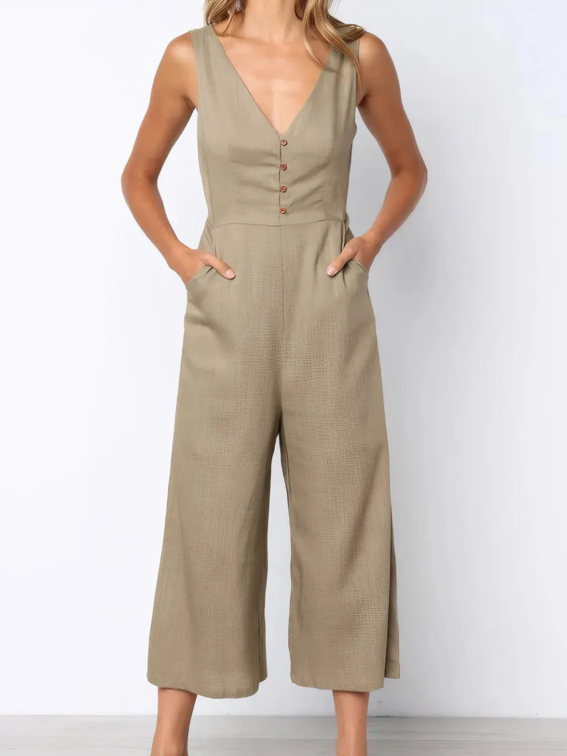 V-Neck Sleeveless Wide Leg Jumpsuit sold by Charming Charlie