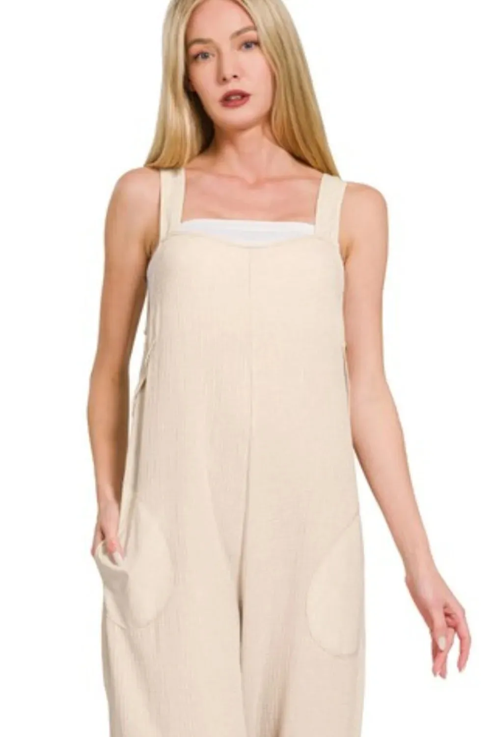 Zenana Double Gauze Washed Wide Leg Overalls sold by Charming Charlie product image thumbnail 2