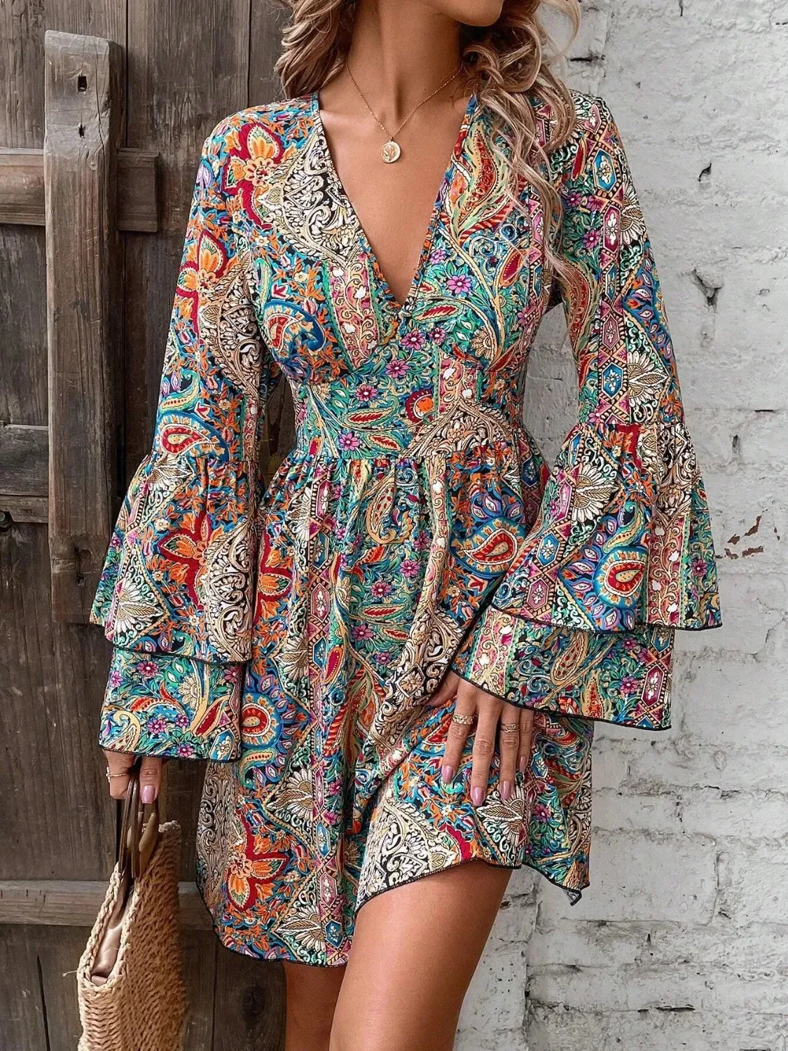 Printed V-Neck Flounce Sleeve Dress sold by Charming Charlie product image thumbnail 4