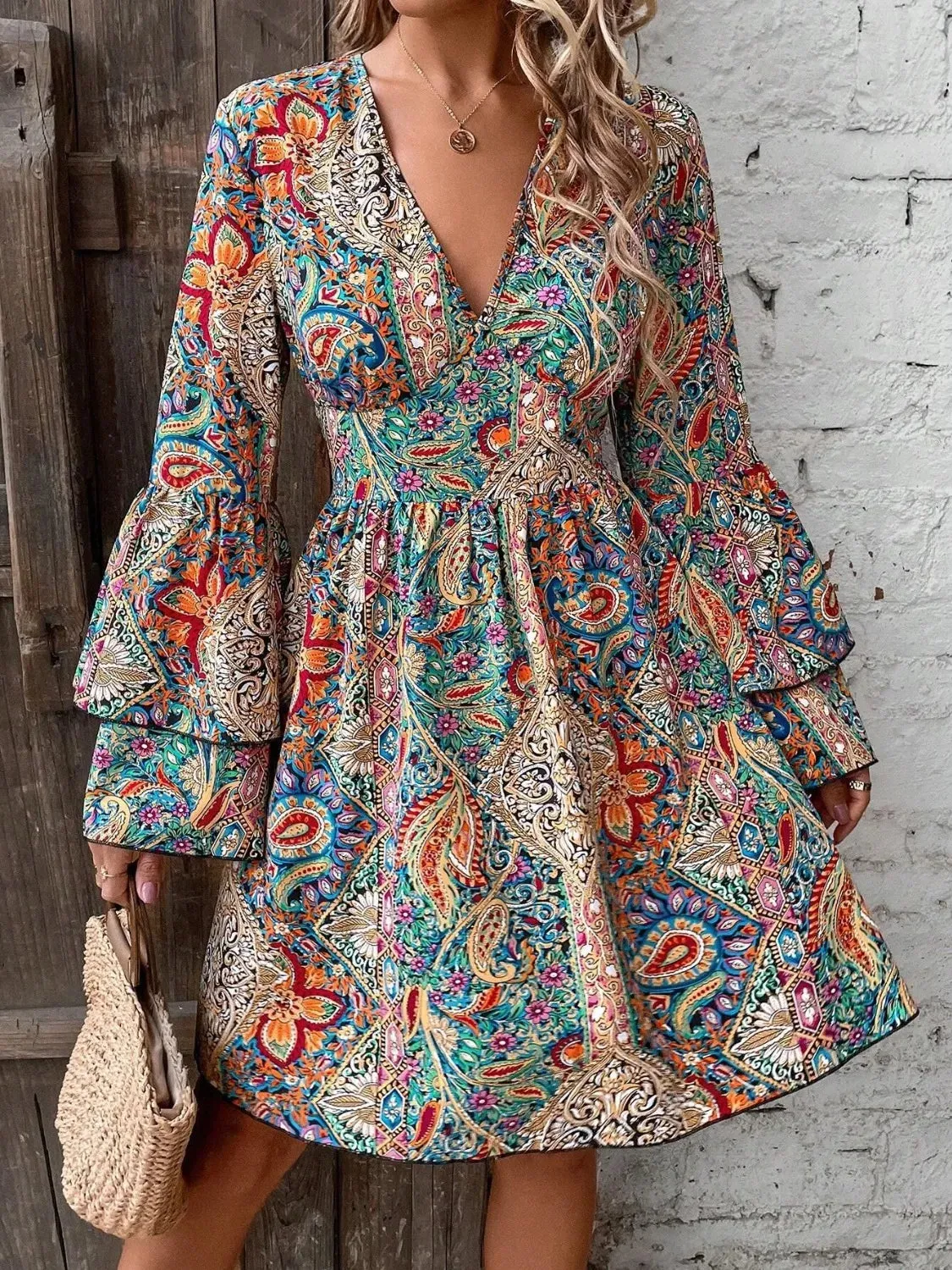 Printed V-Neck Flounce Sleeve Dress sold by Charming Charlie product image thumbnail 5
