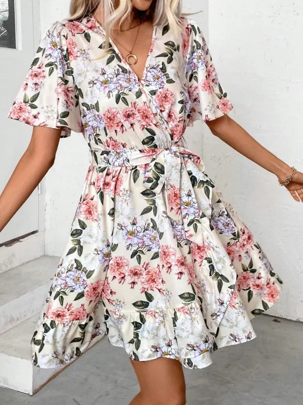 Printed Surplice Short Sleeve Mini Dress sold by Charming Charlie