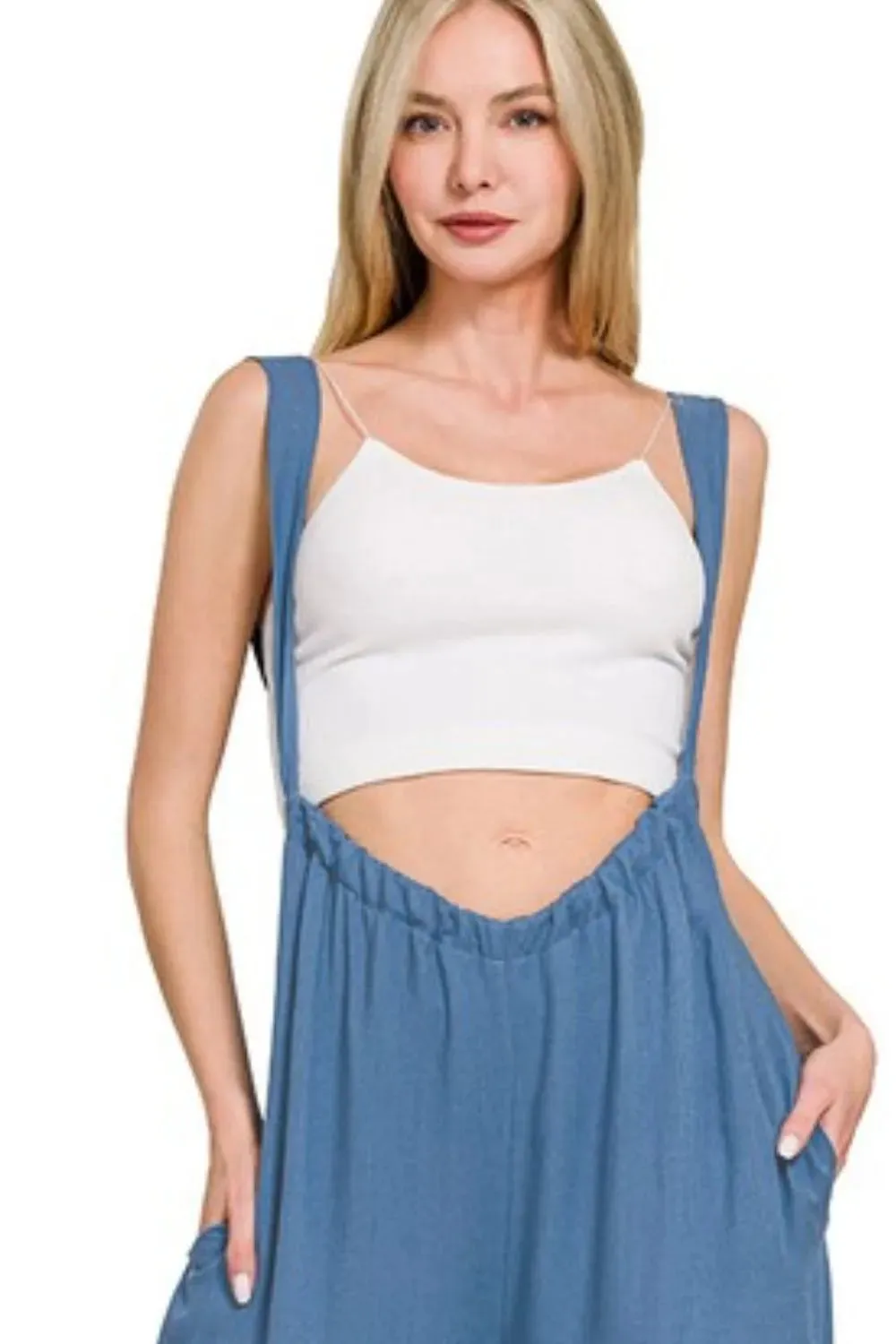 Zenana Woven Tie Back Suspender Jumpsuit sold by Charming Charlie product image thumbnail 3