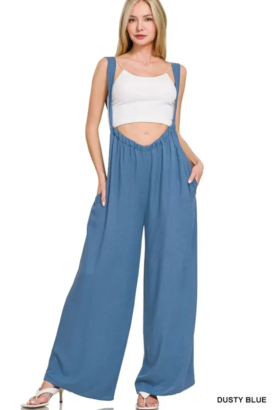 Zenana Woven Tie Back Suspender Jumpsuit sold by Charming Charlie