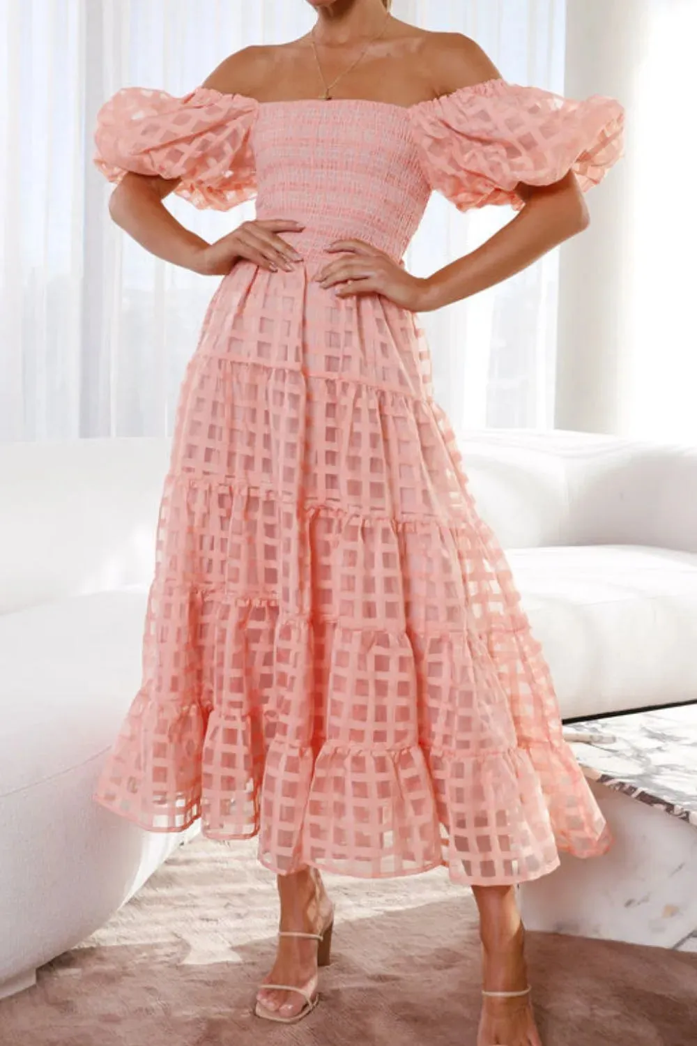 Off Shoulder Short Puff Sleeve Midi Dress sold by Charming Charlie product image thumbnail 2