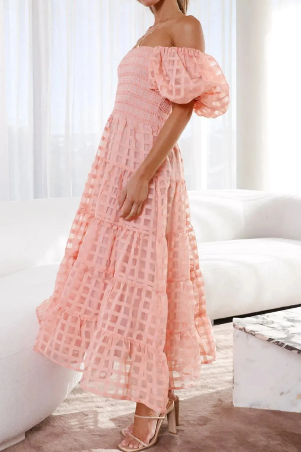 Off Shoulder Short Puff Sleeve Midi Dress sold by Charming Charlie product image thumbnail 5