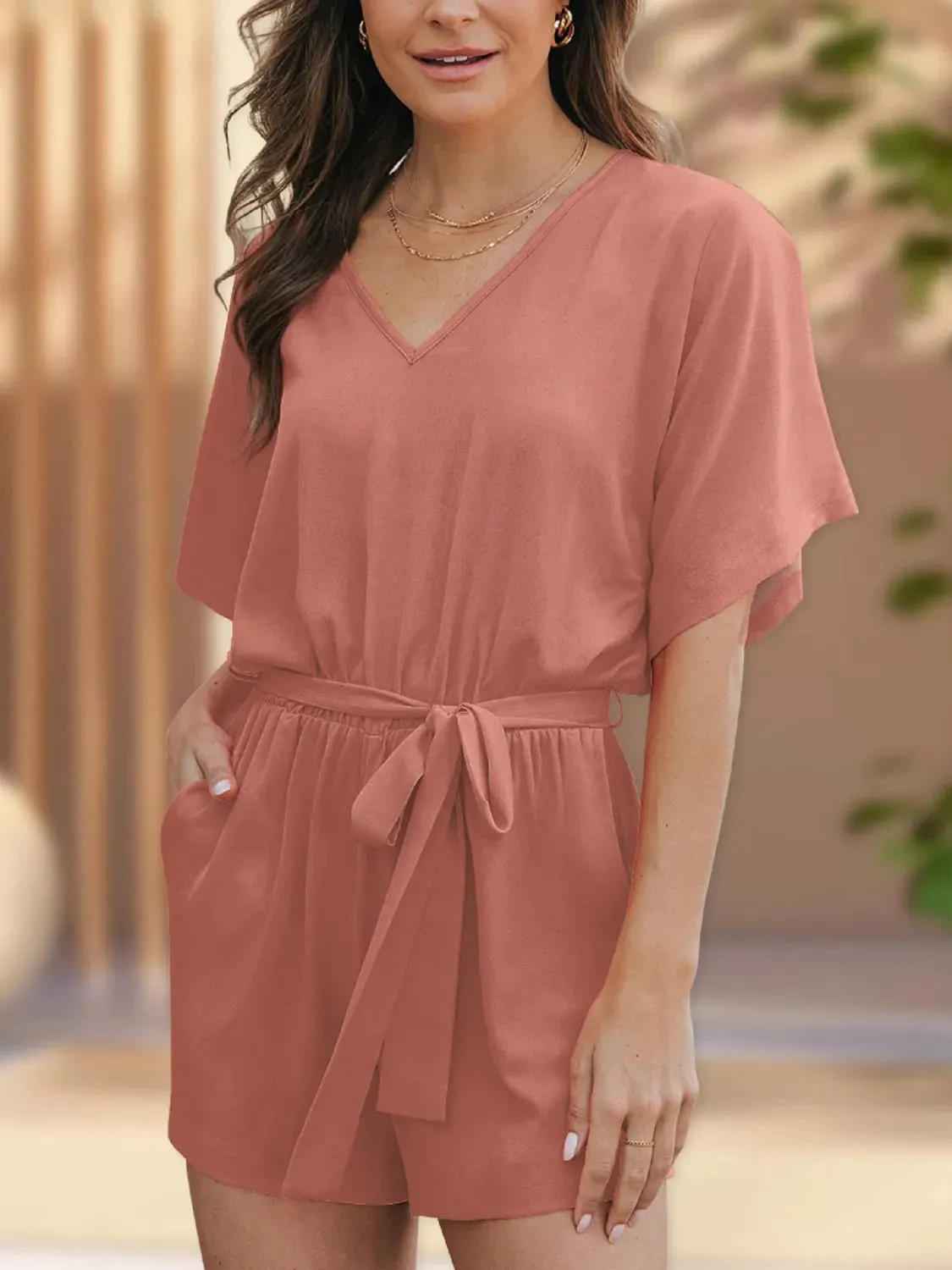 V-Neck Half Sleeve Tie Waist Romper sold by Charming Charlie product image thumbnail 5