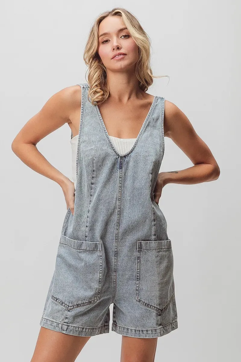 BiBi Patch Vintage Washed Denim Shortall sold by Charming Charlie product image thumbnail 4