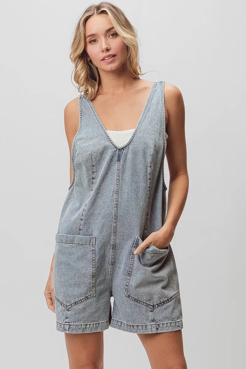 BiBi Patch Vintage Washed Denim Shortall sold by Charming Charlie product image thumbnail 2