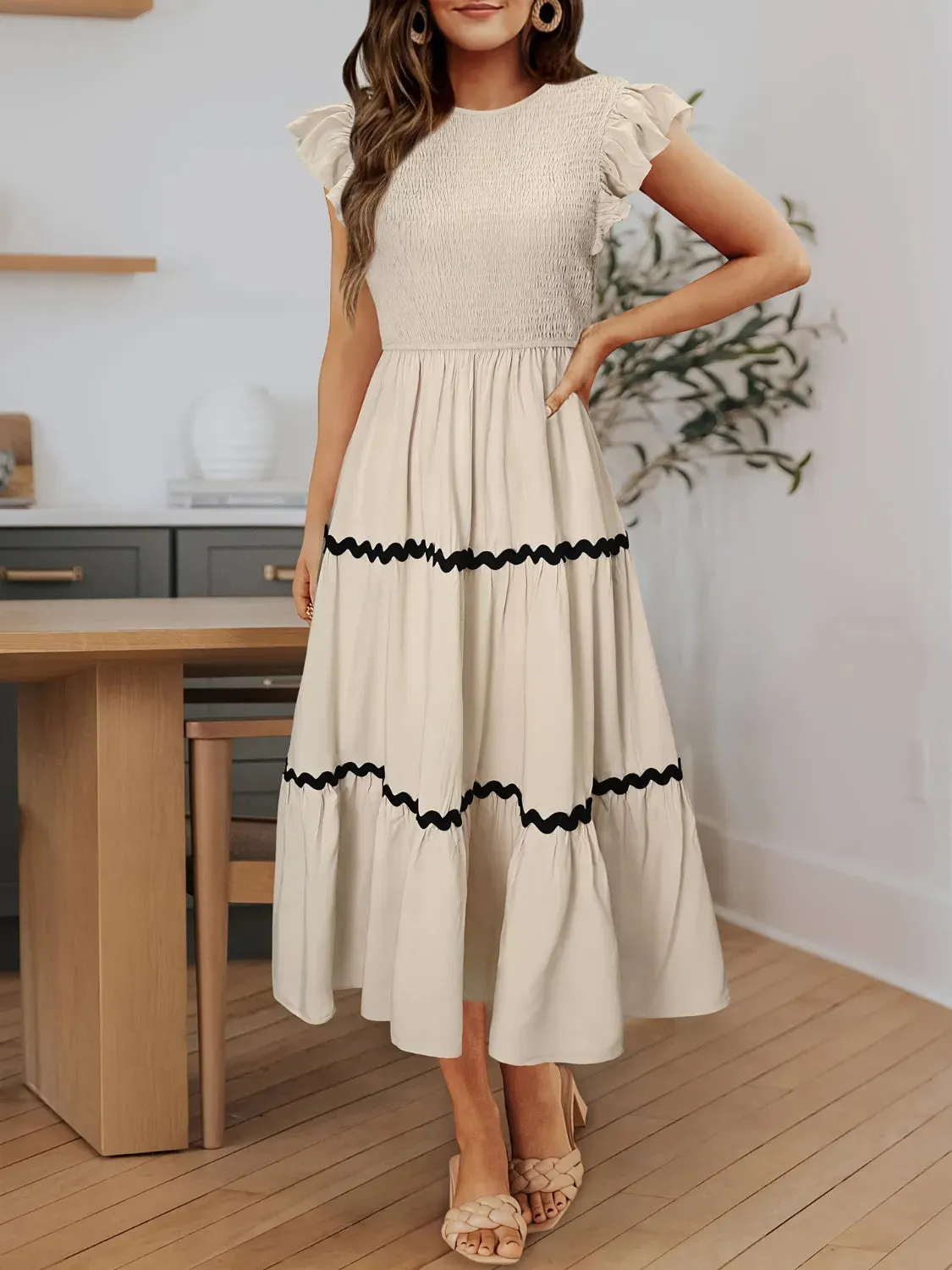 Smocked Round Neck Cap Sleeve Dress sold by Charming Charlie