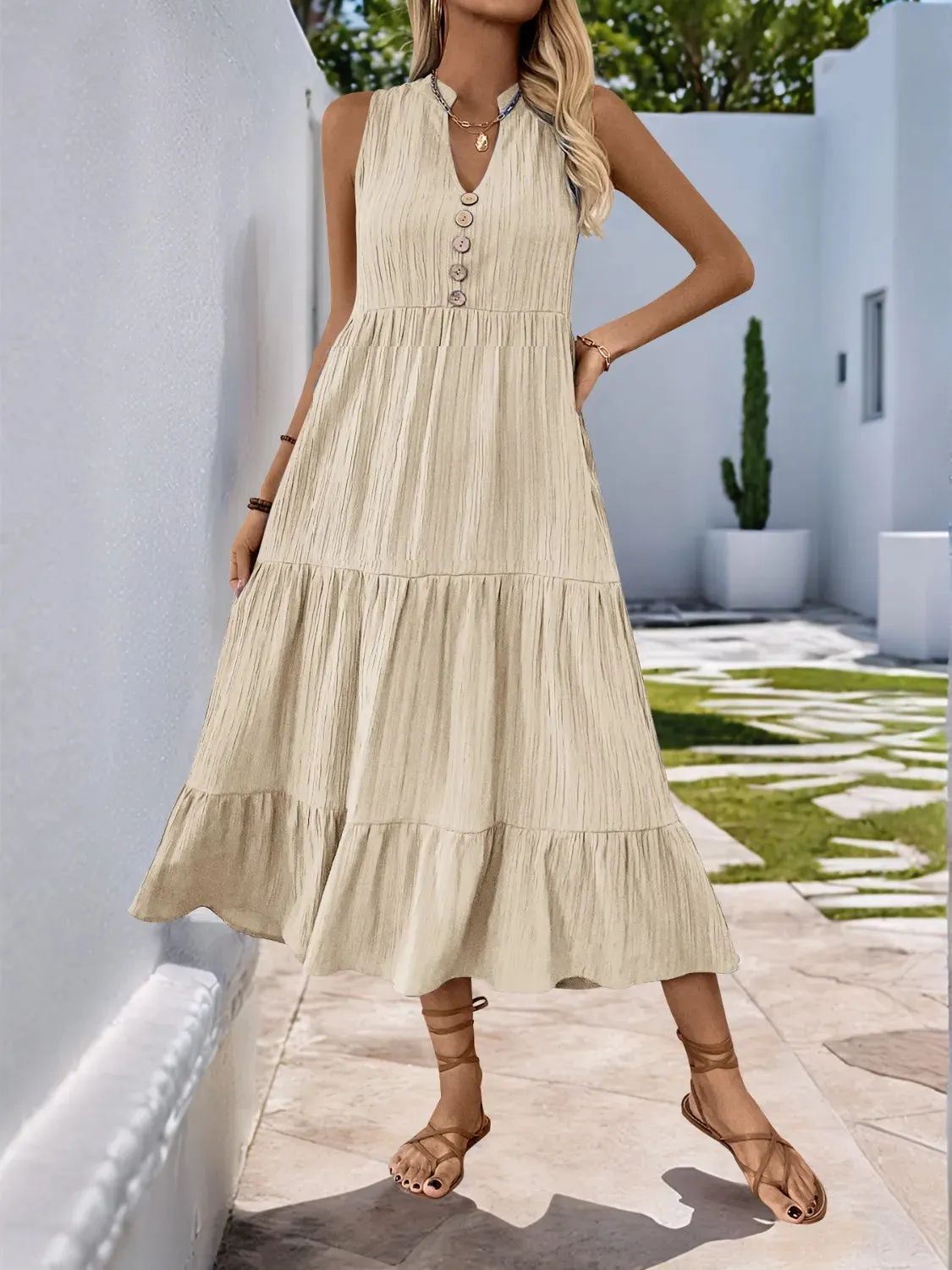 Notched Sleeveless Midi Tiered Dress sold by Charming Charlie