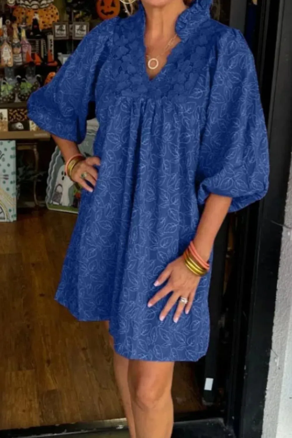 Lace Detail Notched Half Sleeve Mini Dress sold by Charming Charlie product image thumbnail 4