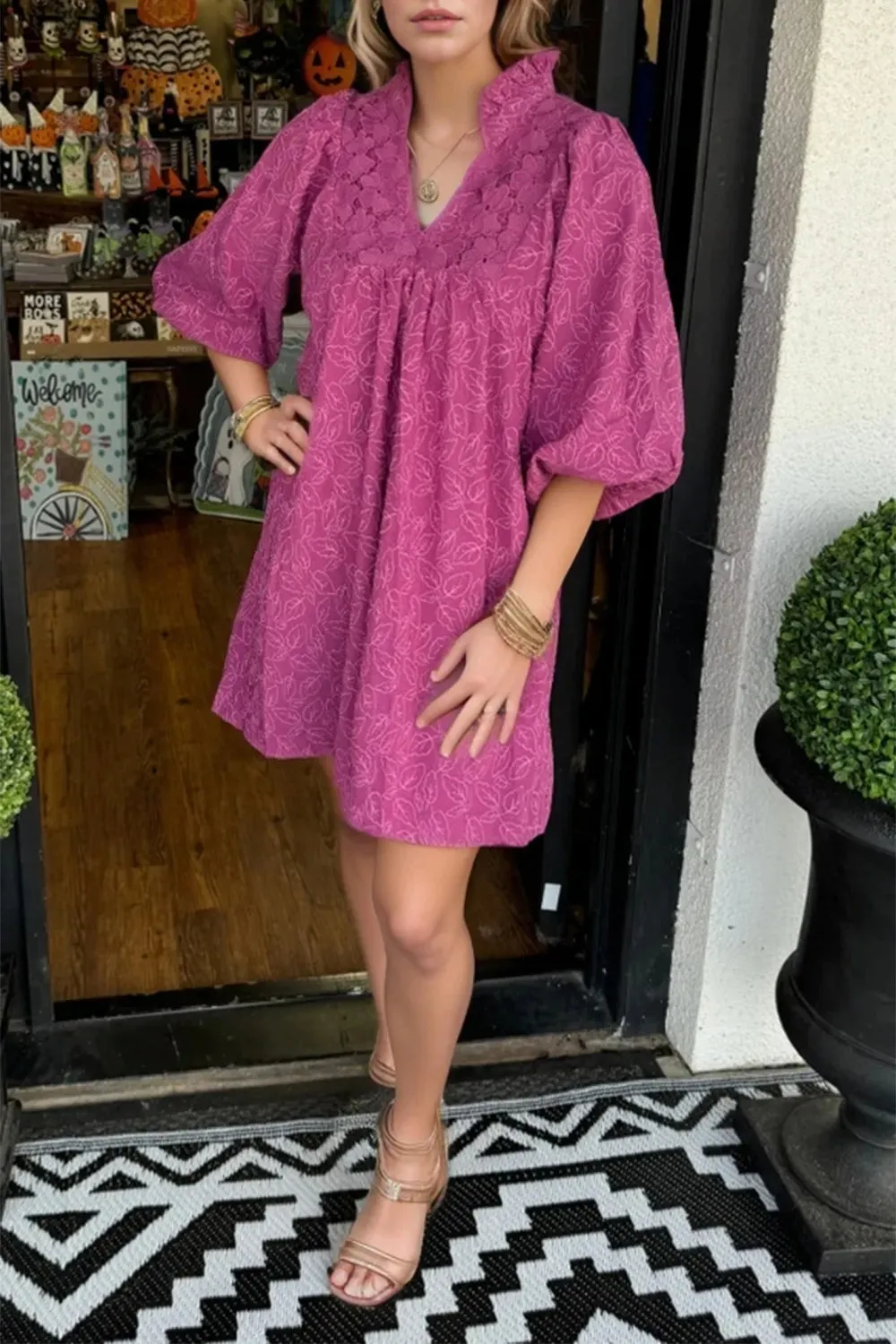 Lace Detail Notched Half Sleeve Mini Dress sold by Charming Charlie