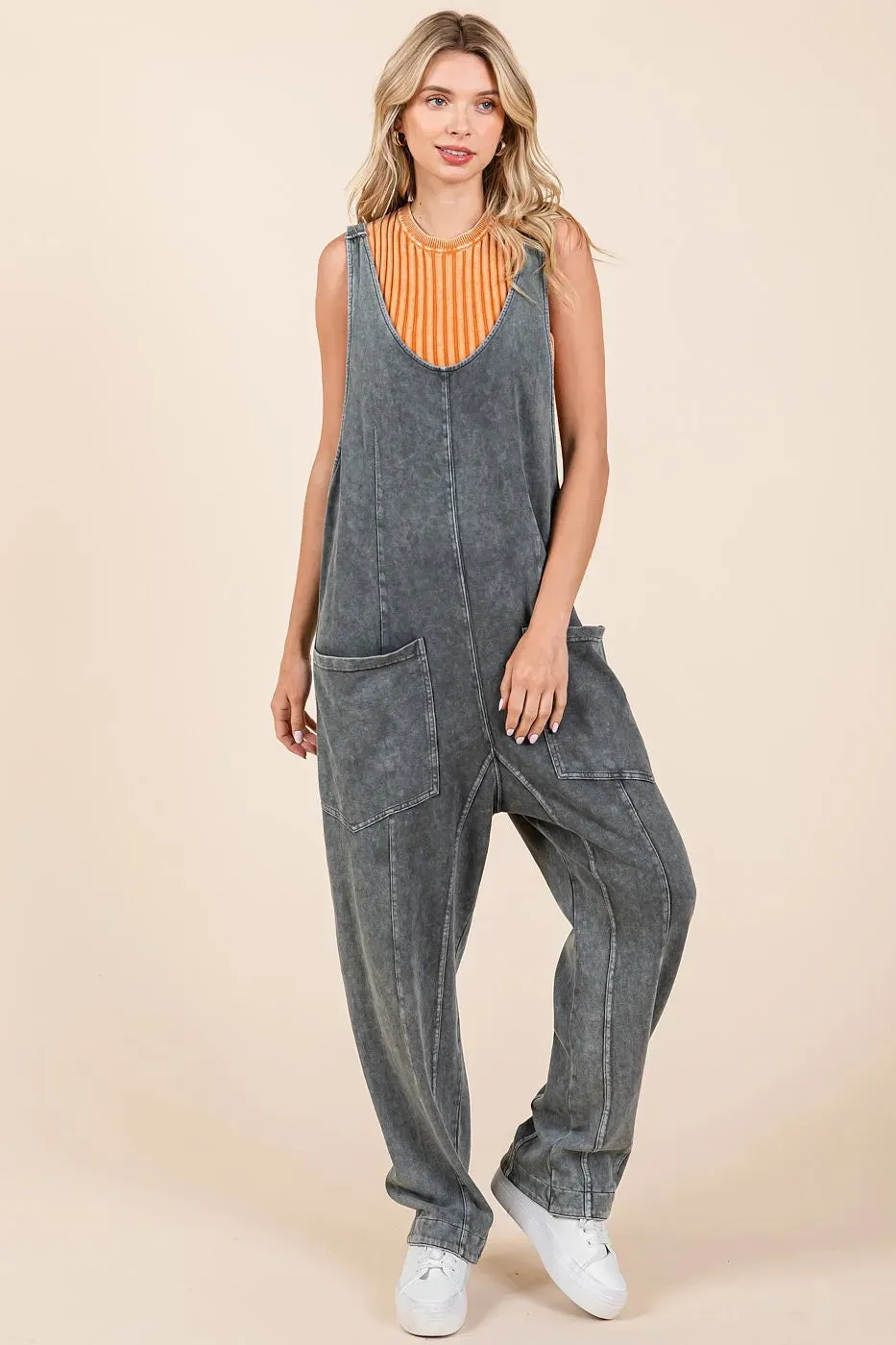 Mittoshop Mineral Wash Relaxed Fit Sleeveless Harem Jumpsuit sold by Charming Charlie product image thumbnail 3