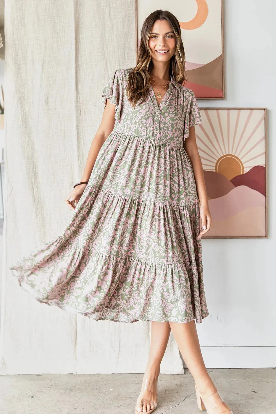 Mittoshop Abstract Print Ruffle Tier Midi Dress sold by Charming Charlie