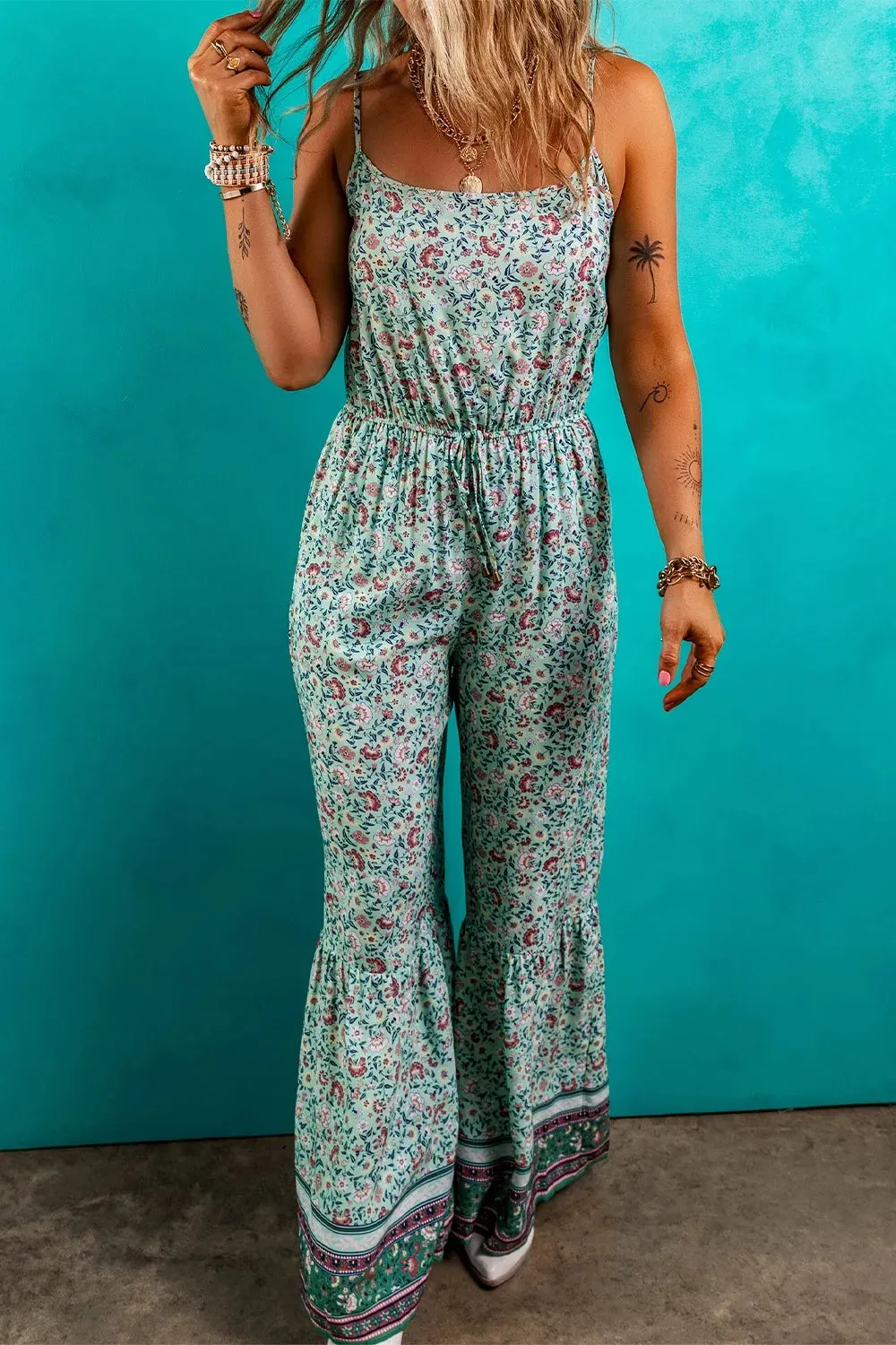 Bohemian Floral Ruffle Bottom Spaghetti Strap Jumpsuit sold by Charming Charlie product image thumbnail 2