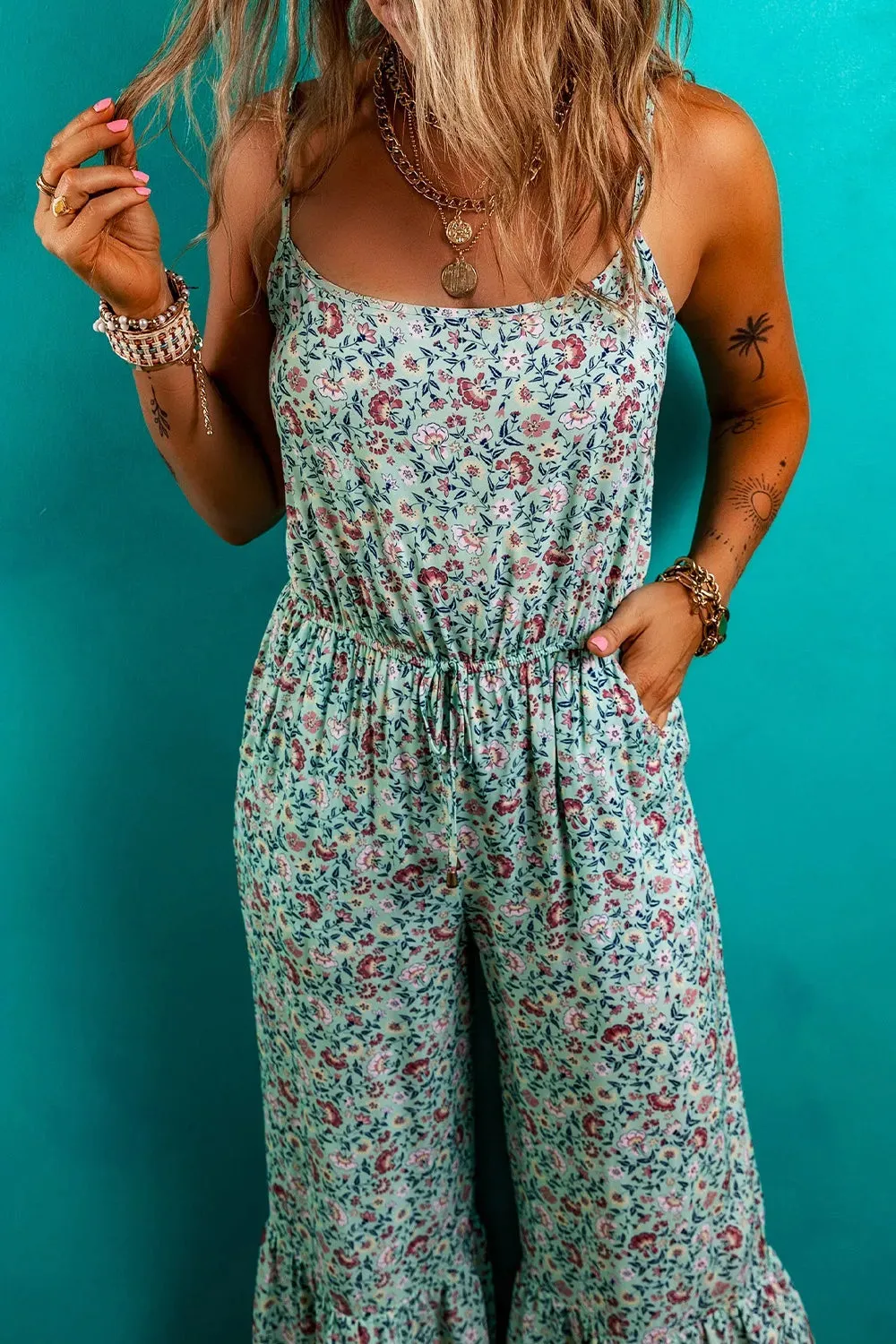 Bohemian Floral Ruffle Bottom Spaghetti Strap Jumpsuit sold by Charming Charlie product image thumbnail 3
