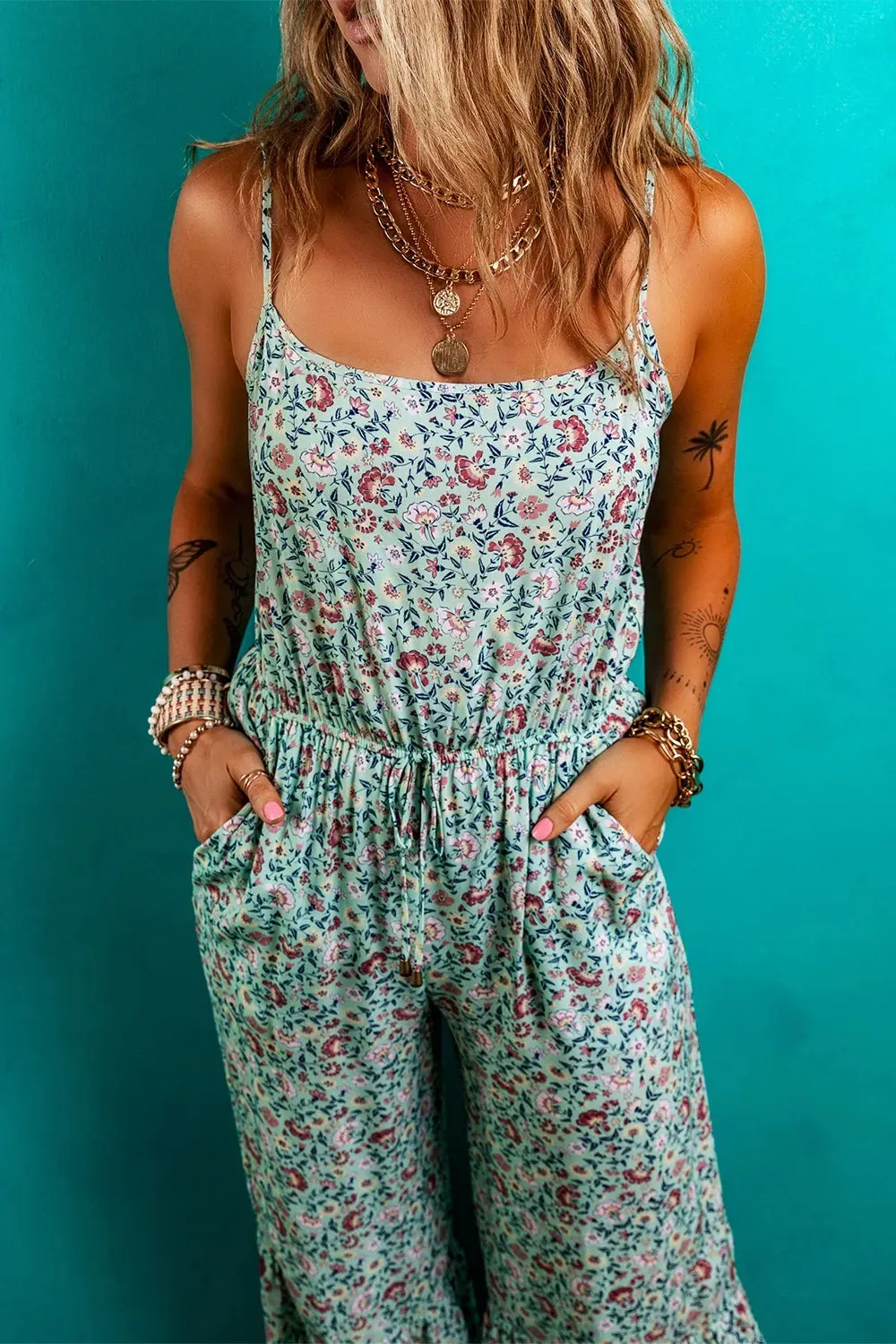 Bohemian Floral Ruffle Bottom Spaghetti Strap Jumpsuit sold by Charming Charlie product image thumbnail 4