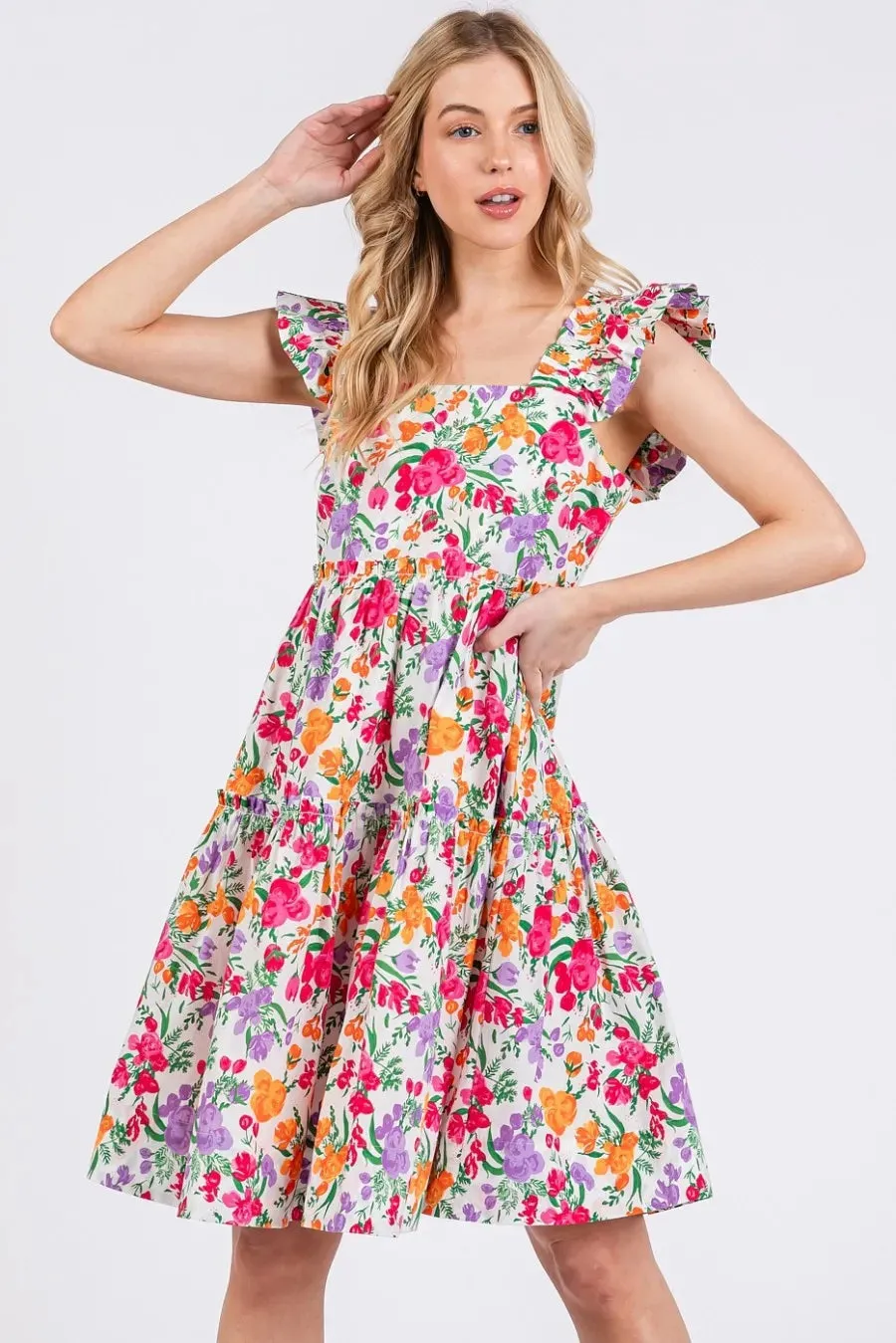 Mittoshop Flower Print Ruffle Shoulder A-line Mini Dress sold by Charming Charlie product image thumbnail 3