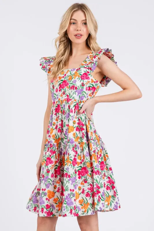 Mittoshop Flower Print Ruffle Shoulder A-line Mini Dress sold by Charming Charlie