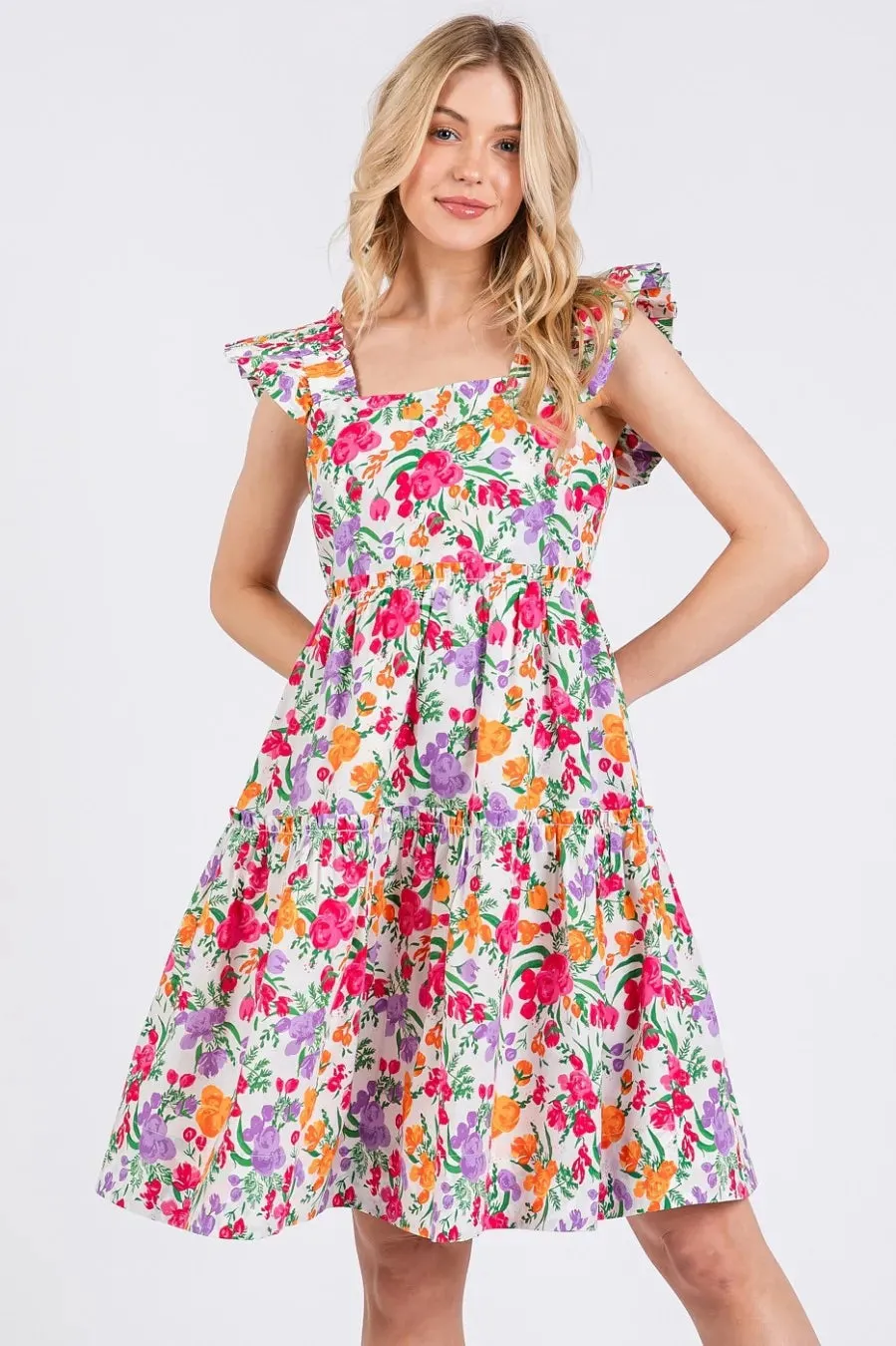 Mittoshop Flower Print Ruffle Shoulder A-line Mini Dress sold by Charming Charlie product image thumbnail 2