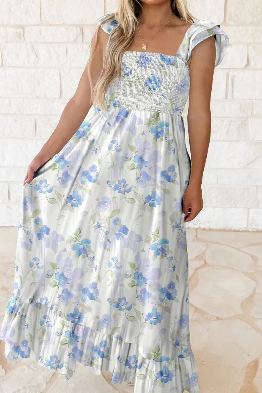 Floral Smocked High Waist Double Ruffle Sleeveless Long Dress sold by Charming Charlie