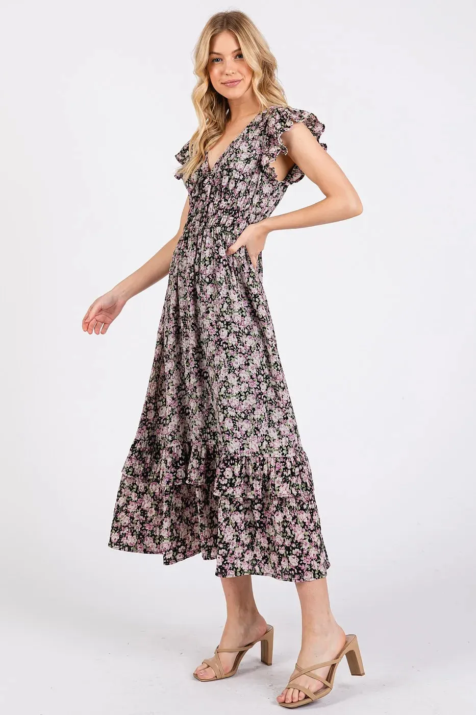 Mittoshop Flower Print Ruffle Cap Sleeve V-neck Midi Dress sold by Charming Charlie