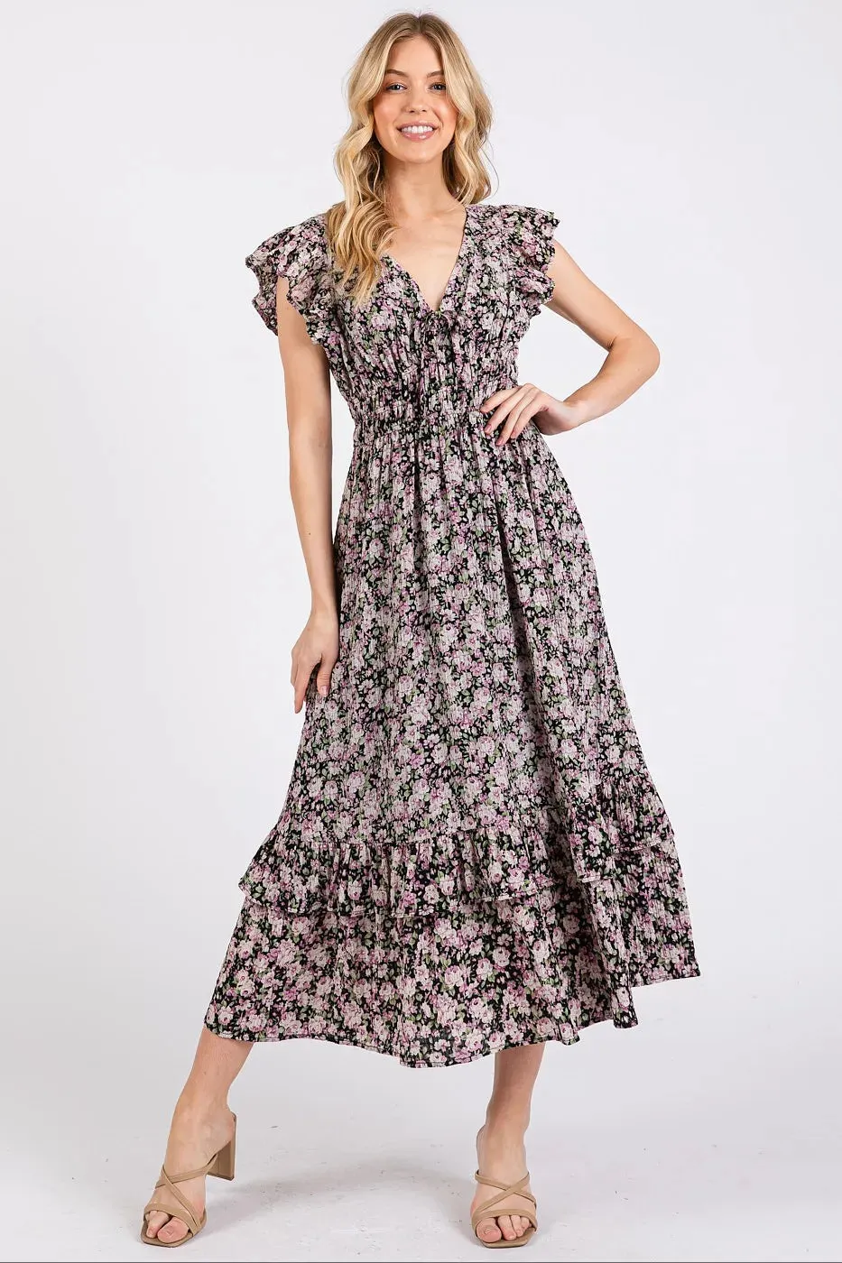 Mittoshop Flower Print Ruffle Cap Sleeve V-neck Midi Dress sold by Charming Charlie product image thumbnail 2