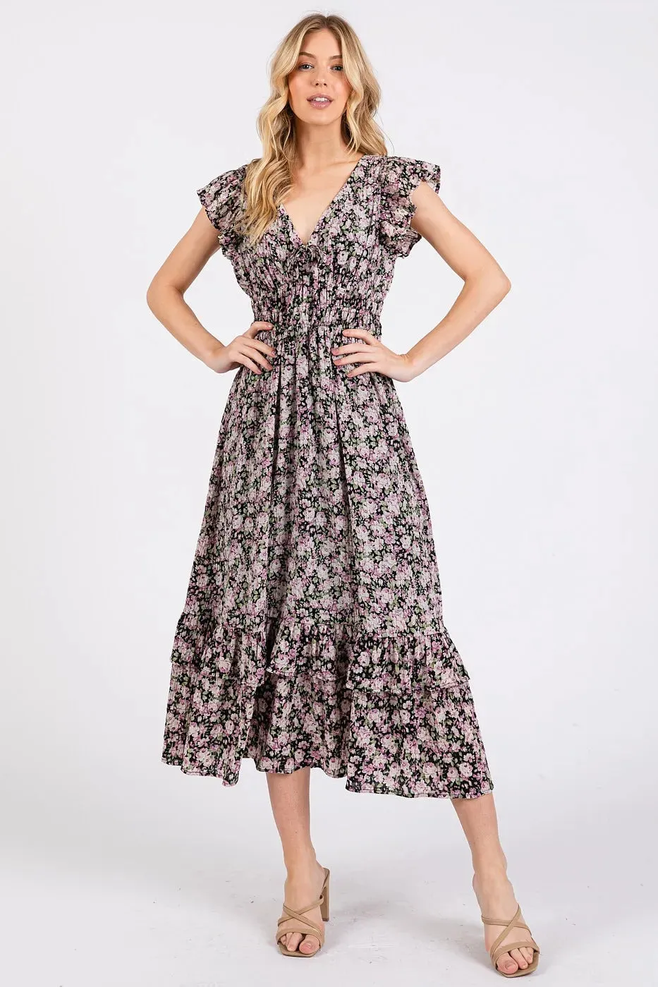 Mittoshop Flower Print Ruffle Cap Sleeve V-neck Midi Dress sold by Charming Charlie product image thumbnail 3