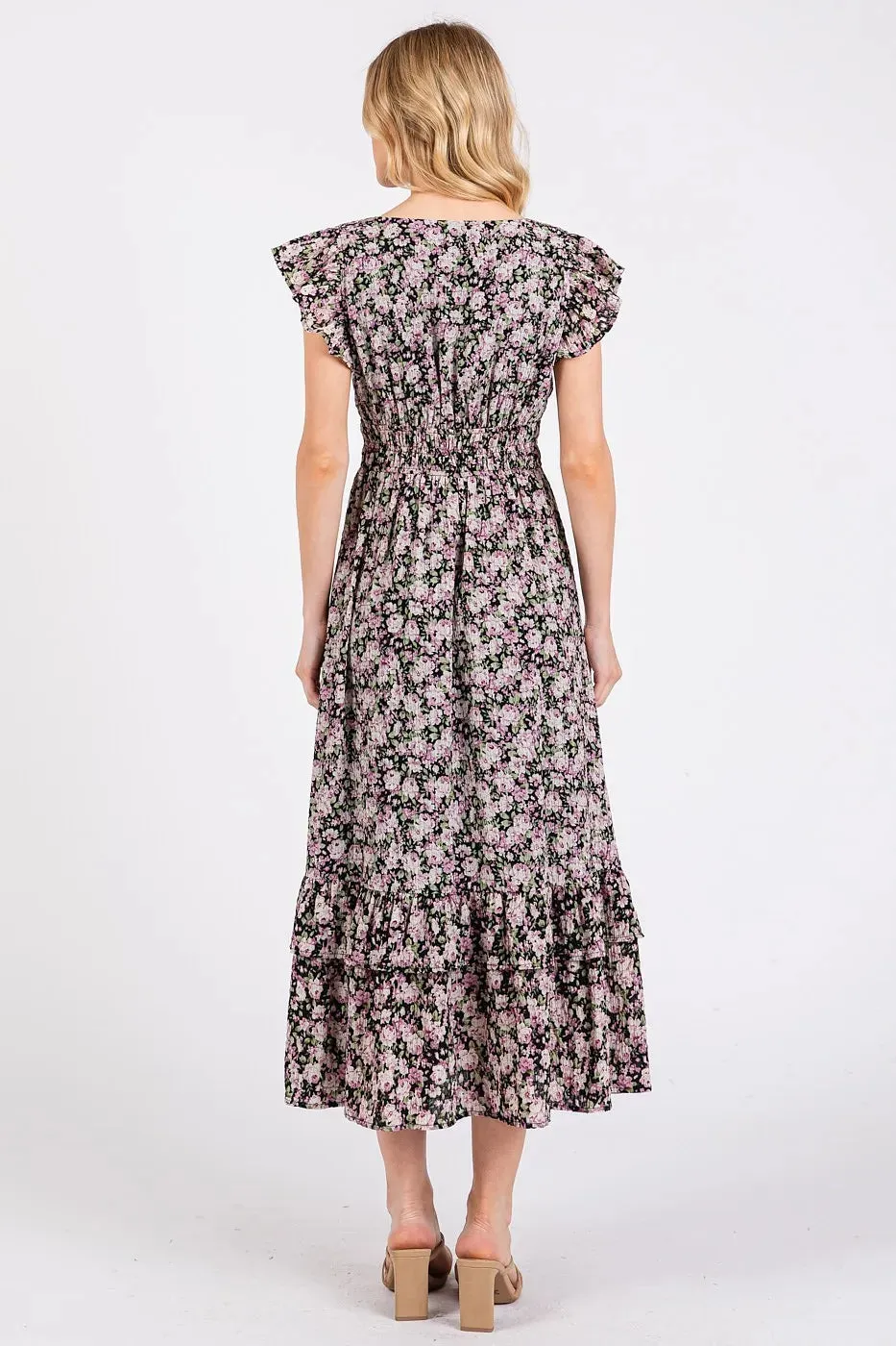 Mittoshop Flower Print Ruffle Cap Sleeve V-neck Midi Dress sold by Charming Charlie product image thumbnail 4