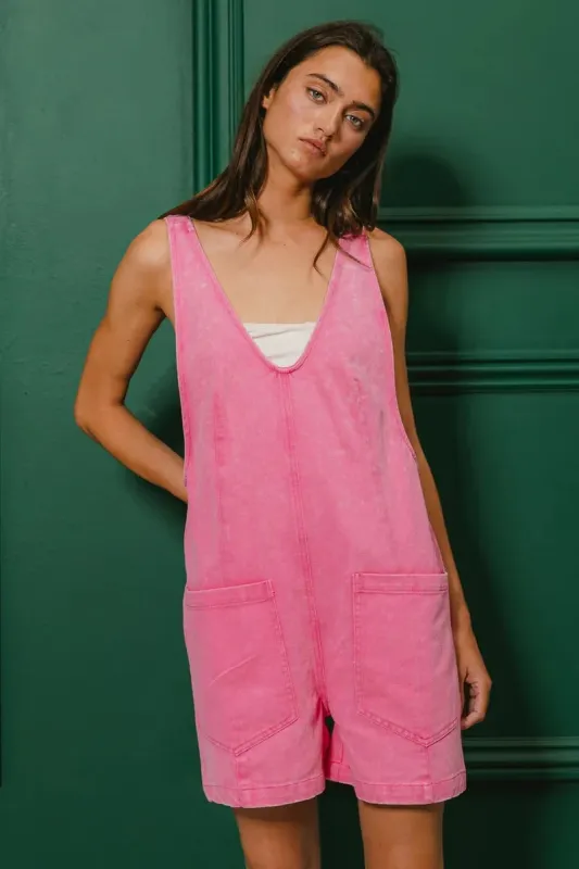BiBi Patch Vintage Washed Denim Shortall sold by Charming Charlie