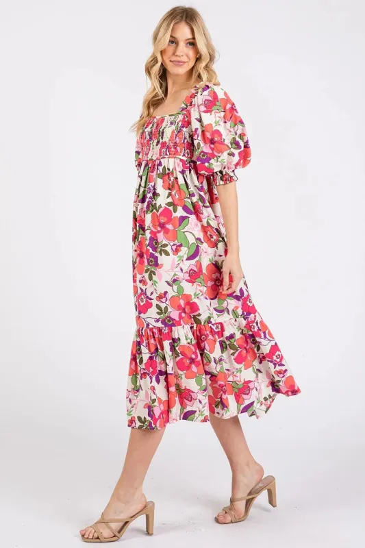 Mittoshop Flower Print Puff Sleeve Ruffle Smocked Midi Dress sold by Charming Charlie