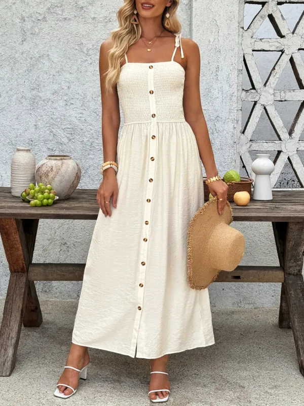 Smocked Button Front Tie Shoulder Dress sold by Charming Charlie