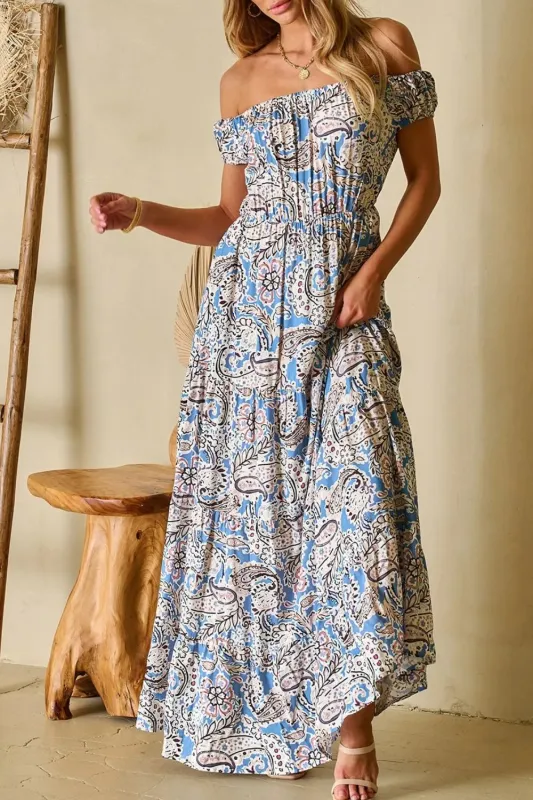 Boho Paisley Print Off Shoulder Maxi Dress sold by Charming Charlie
