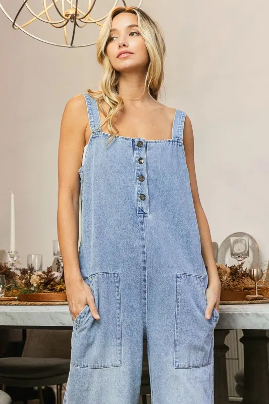BiBi Washed Denim Buttoned Overall Jumpsuit sold by Charming Charlie