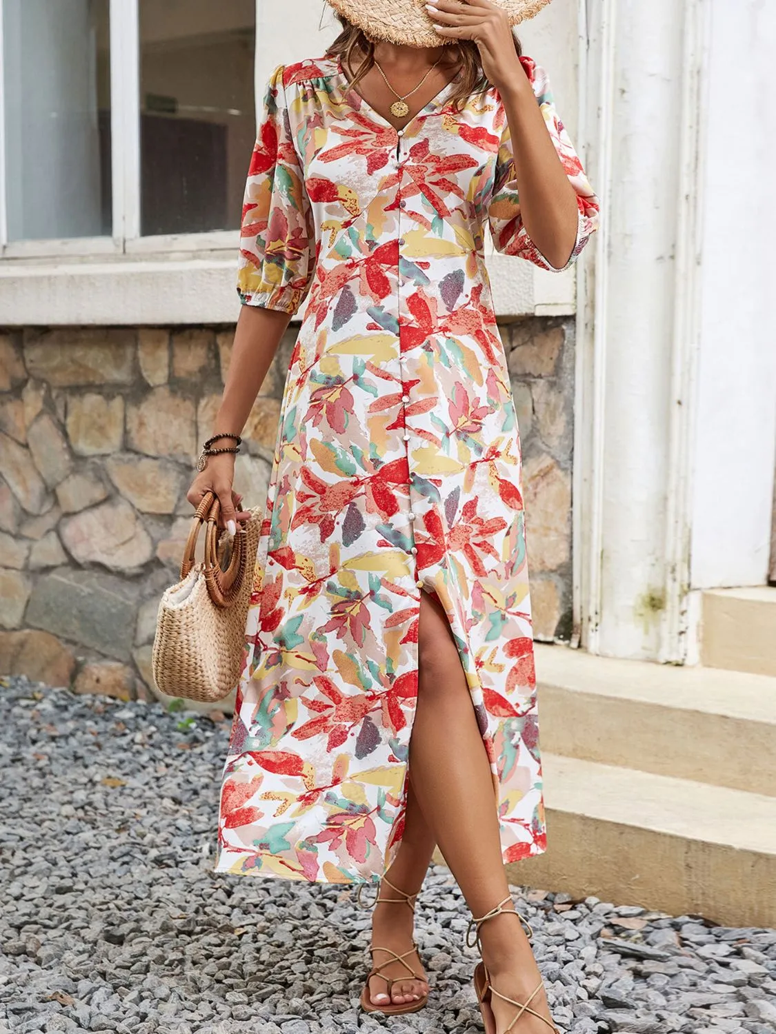 Printed V-Neck Half Sleeve Midi Dress sold by Charming Charlie