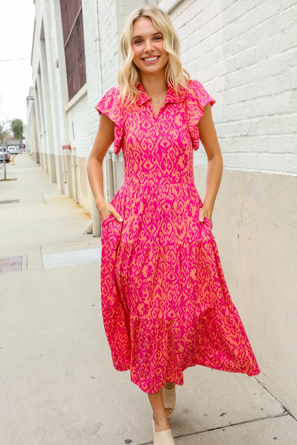 Find Love Fuchsia & Coral Boho Print Flutter Sleeve Dress sold by Charming Charlie