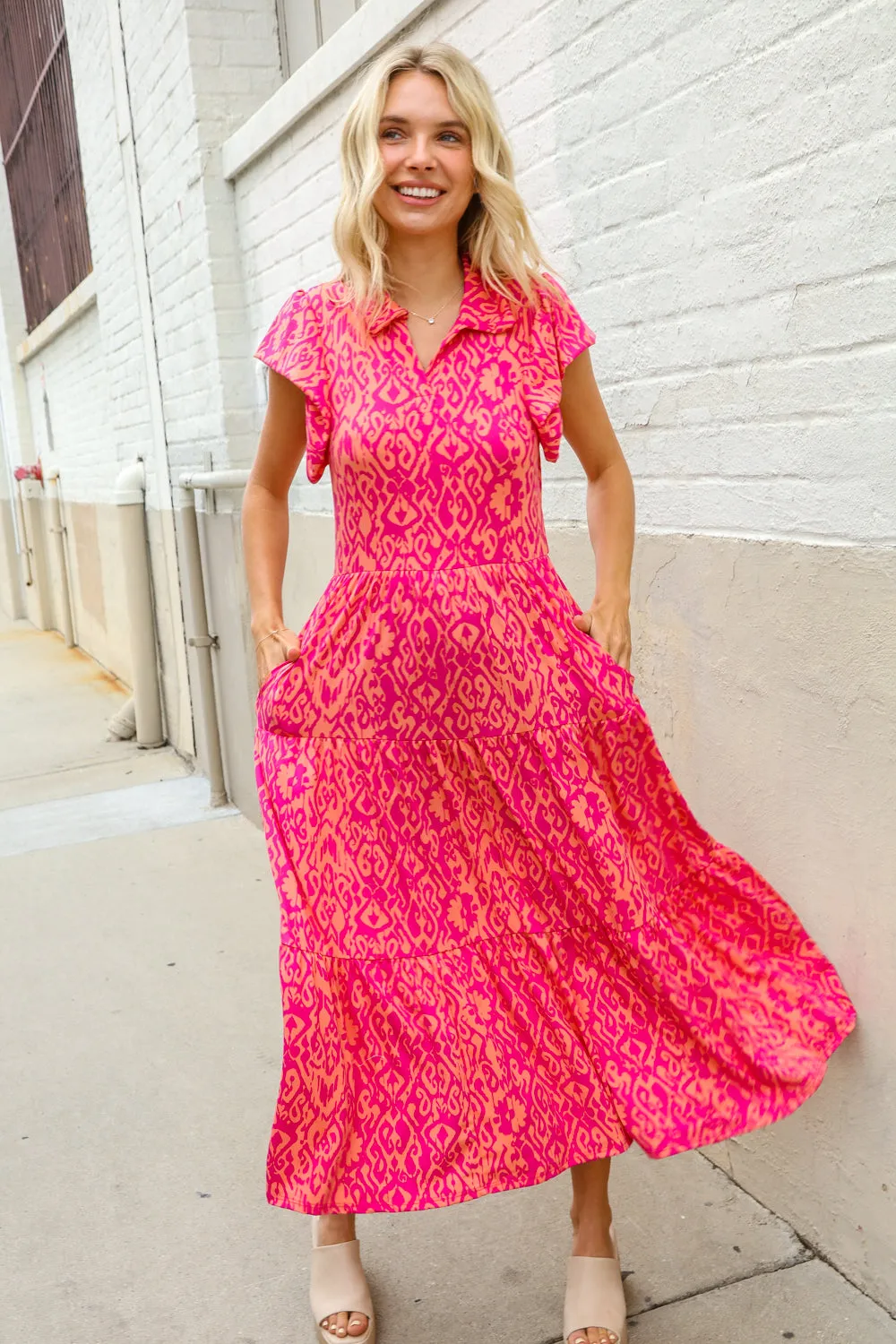 Find Love Fuchsia & Coral Boho Print Flutter Sleeve Dress sold by Charming Charlie product image thumbnail 3