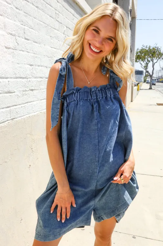 PLUS Spread Joy Washed Denim Tie Shoulder Oversize Romper sold by Charming Charlie