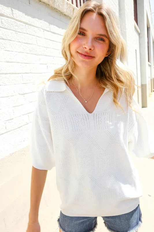 Lock Eyes White Pointelle Collar V Neck Short Sleeve Top sold by Charming Charlie