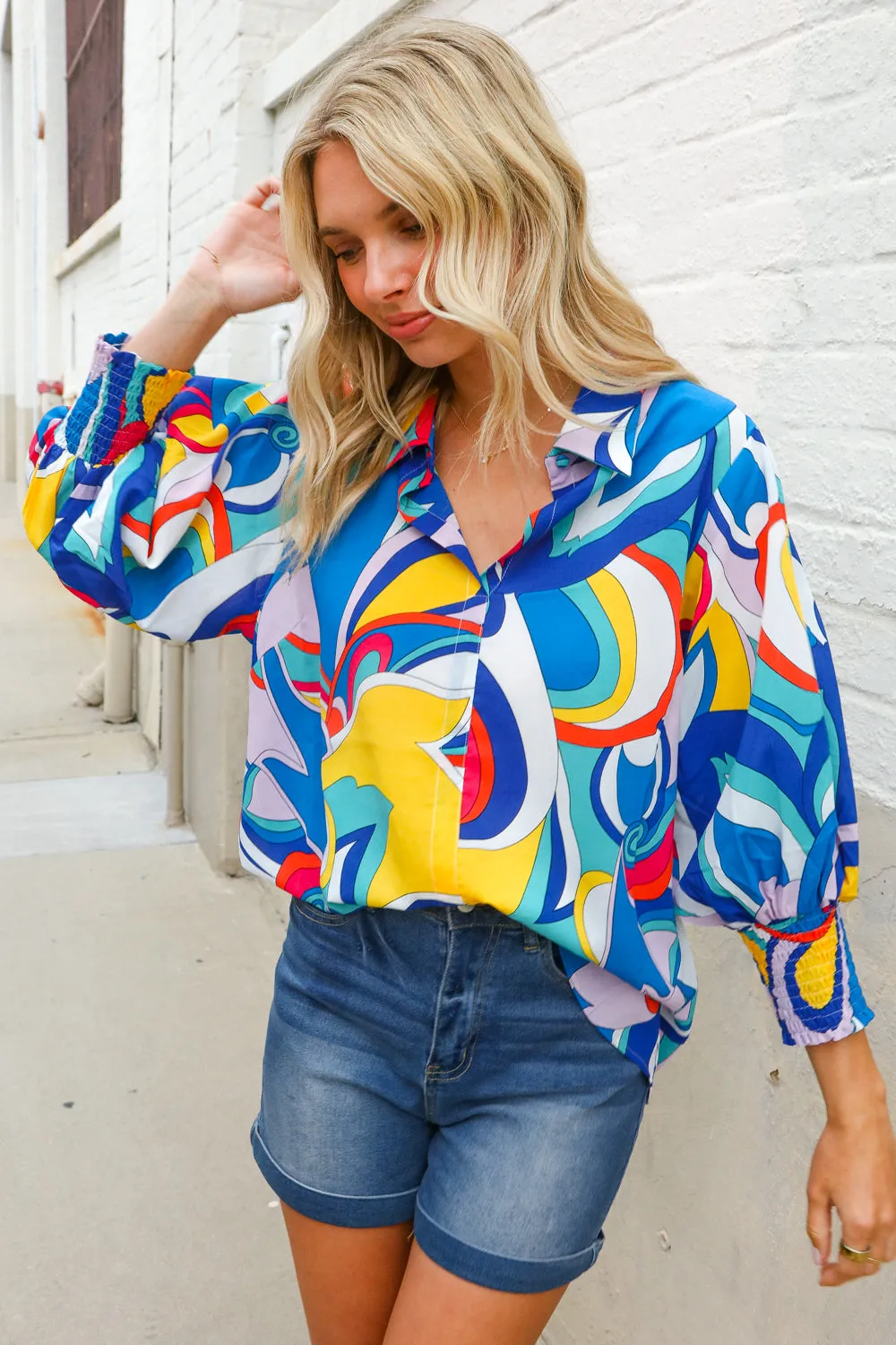 Best in Bold Abstract Print Button-Down Smock Sleeve Top sold by Charming Charlie product image thumbnail 5