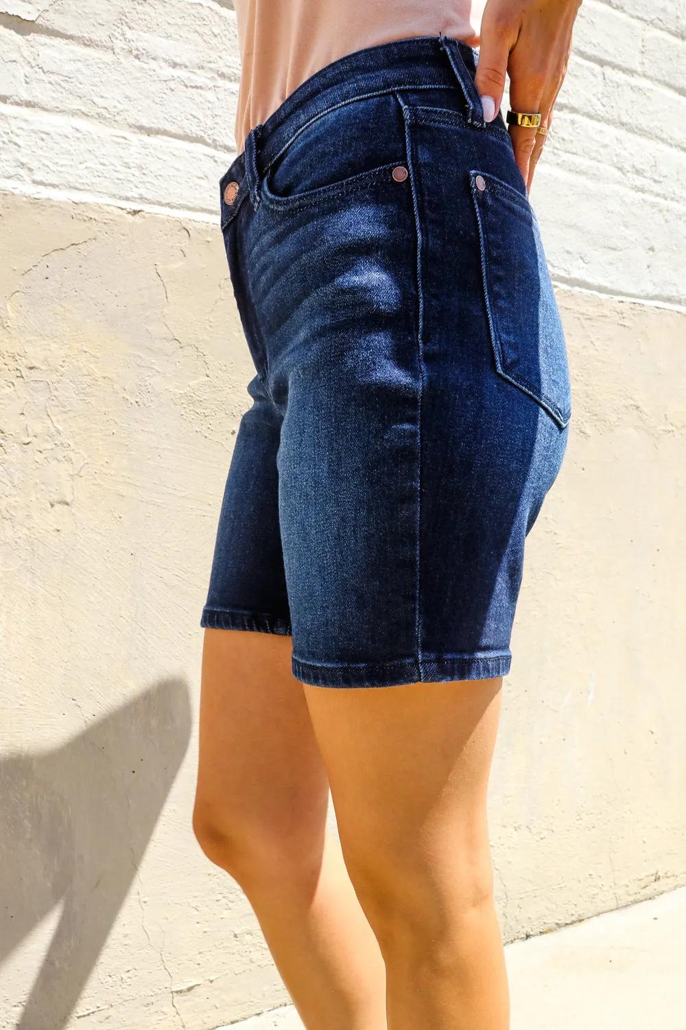 Judy Blue Dark Wash High Rise Tummy Control Shorts sold by Charming Charlie product image thumbnail 5