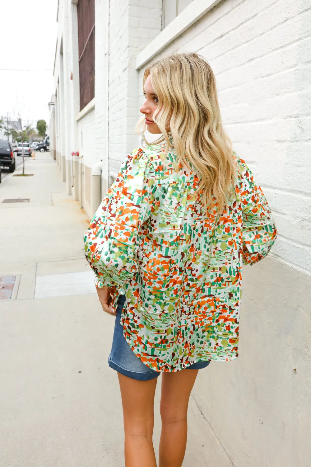 Elegant You Ivory & Green Abstract Print Button Loop Notch Neck Top sold by Charming Charlie product image thumbnail 2