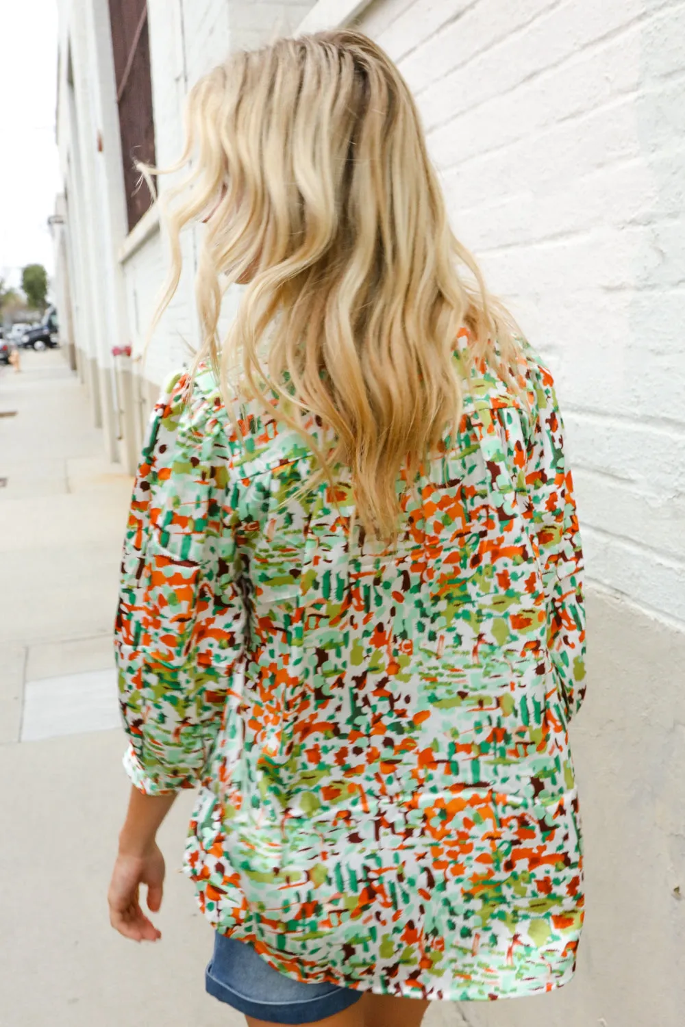 Elegant You Ivory & Green Abstract Print Button Loop Notch Neck Top sold by Charming Charlie product image thumbnail 4