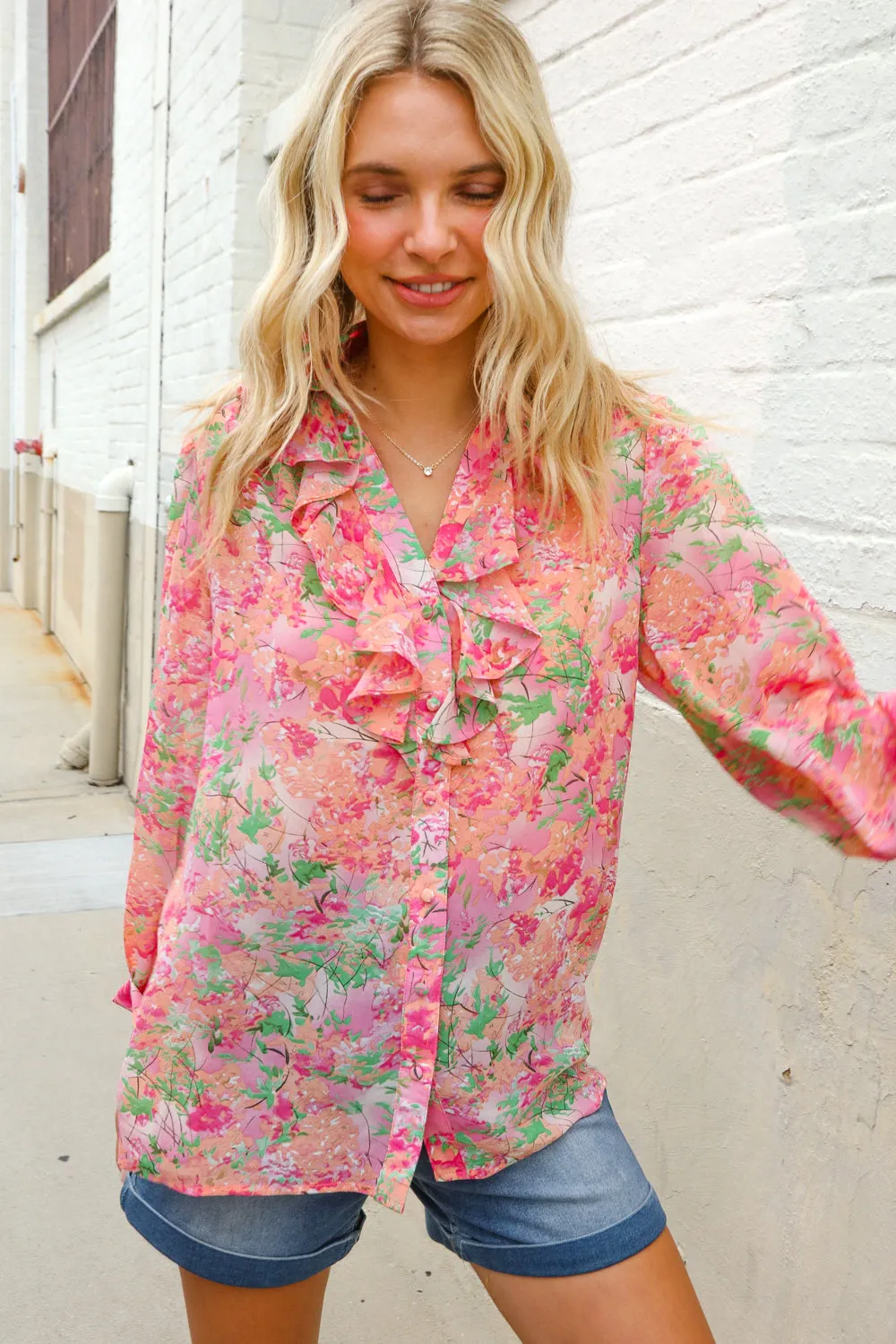 Classy Chic Rose Floral Ruffle Button Down Chiffon Top sold by Charming Charlie product image thumbnail 5