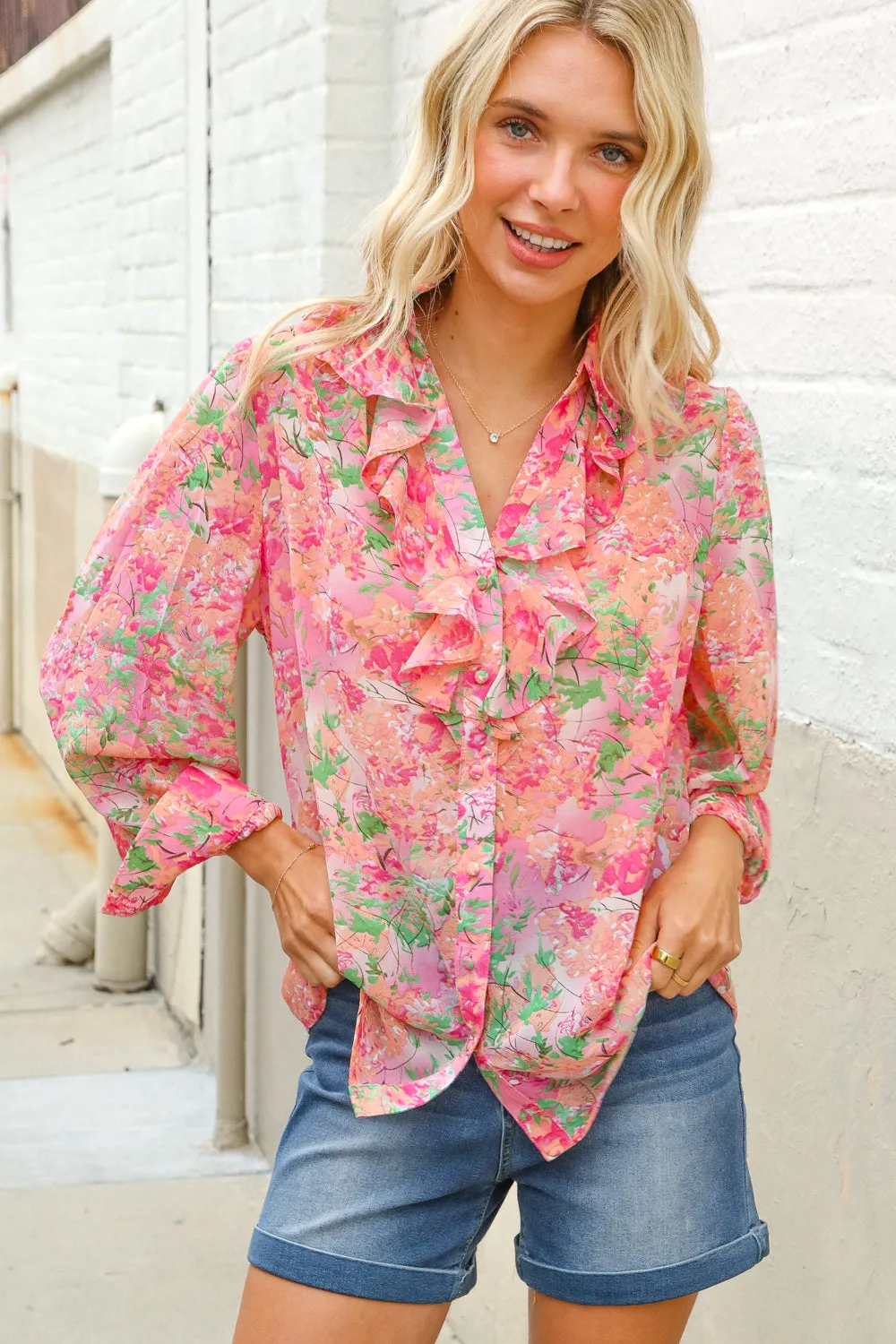 Classy Chic Rose Floral Ruffle Button Down Chiffon Top sold by Charming Charlie