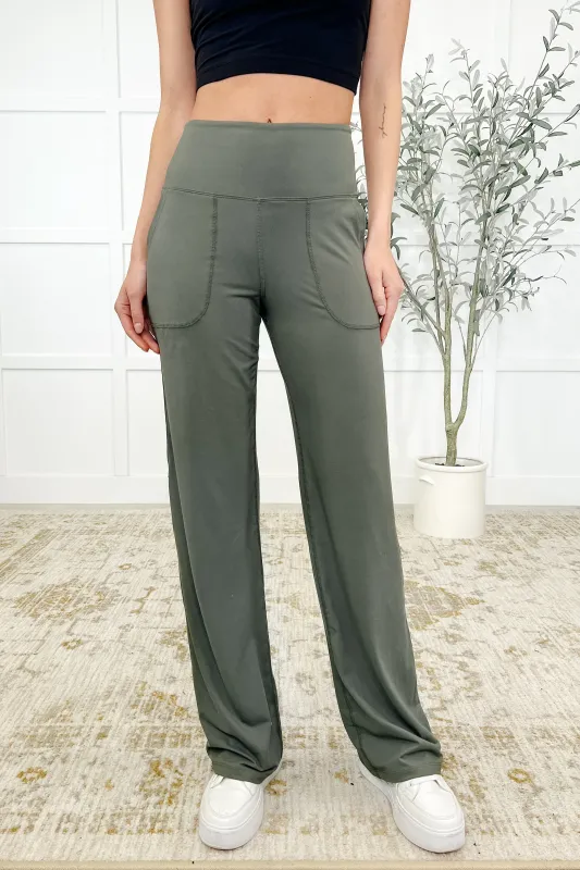 Leg Day Legends Straight Leg Bottoms in Grey Sage sold by Charming Charlie